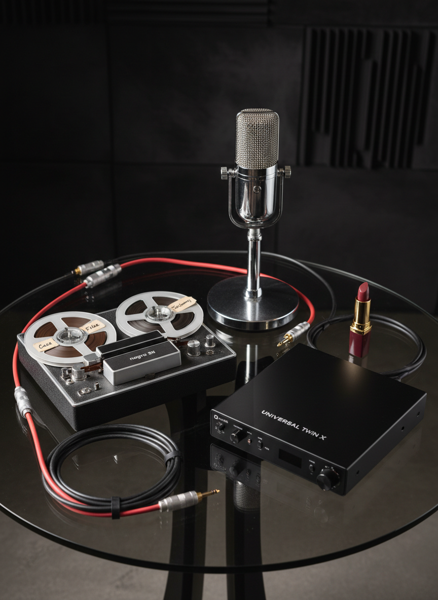 An elegant vintage tape recorder and a modern digital audio interface arranged together on a smoked-glass tabletop, surrounded by neatly coiled studio cables and a polished chrome microphone. The tape reels are labeled with tiny handwritten tags reading “Case Files” and “Testimony,” while a single closed lipstick tube in deep burgundy stands upright like a bold accent. Soft, diffused studio lighting from above creates gentle reflections in the glass and subtle metallic glows. The background fades into a dark, velvety blur with hints of acoustic panels. Photographic realism, slightly elevated angle, balanced composition, conveying a refined, cinematic atmosphere that blends old-school investigation with contemporary documentary production.