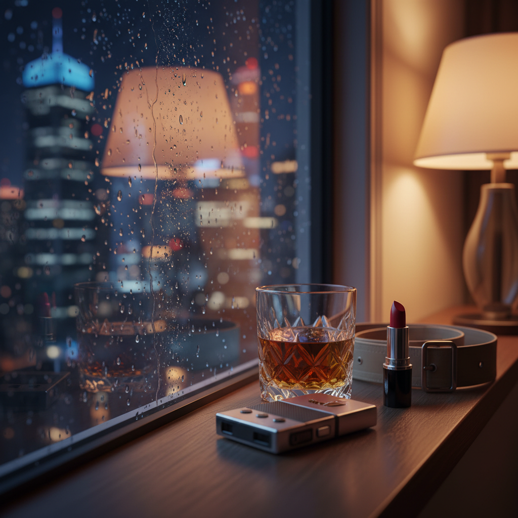 A sophisticated city-night still life: a rain-speckled window overlooking blurred, glowing skyscrapers, with a narrow windowsill holding a half-full crystal tumbler of amber whiskey, a compact audio recorder, and a deep red lipstick standing beside a neatly folded trench coat belt. Cool blue ambient light from the city mixes with a warm, golden table lamp off-frame, creating layered reflections on the glass and crystal facets. Shot in photographic realism from a low, intimate angle, using rule-of-thirds composition and shallow depth of field. The mood is contemplative and noir-inspired, hinting at off-the-record conversations and unresolved mysteries in a high-end urban setting.