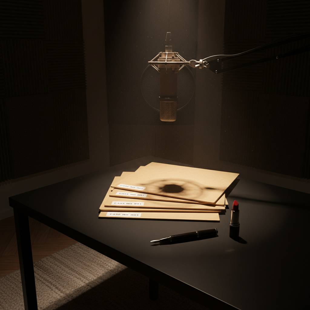 A dimly lit recording space featuring a suspended studio microphone with a fine metal mesh grille, framed by a subtle halo of dust motes in the light beam. Below, a smooth black desk holds a neatly stacked pile of manila case folders, each labeled with minimalist white tags, and a single red lipstick lying precisely parallel to a fountain pen. The only light source is a narrow, warm spotlight from above, creating strong contrast, rim lighting on the microphone, and gentle reflections on the lipstick casing. Photographic realism, eye-level composition with a slightly off-center framing, producing a tense yet polished atmosphere that feels like the intimate heart of a private investigator and documentary maker’s shared workspace.
